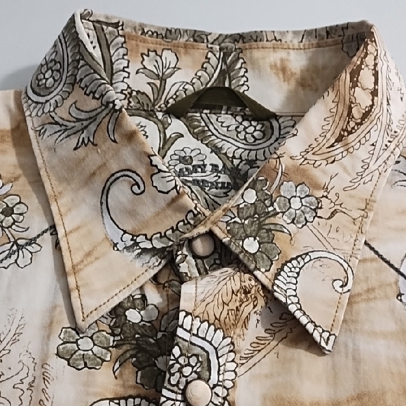 Western Snap Down Cowboy Rodeo Shirt Wood Snaps Natural Cotton Paisley Print - Picture 10 of 13